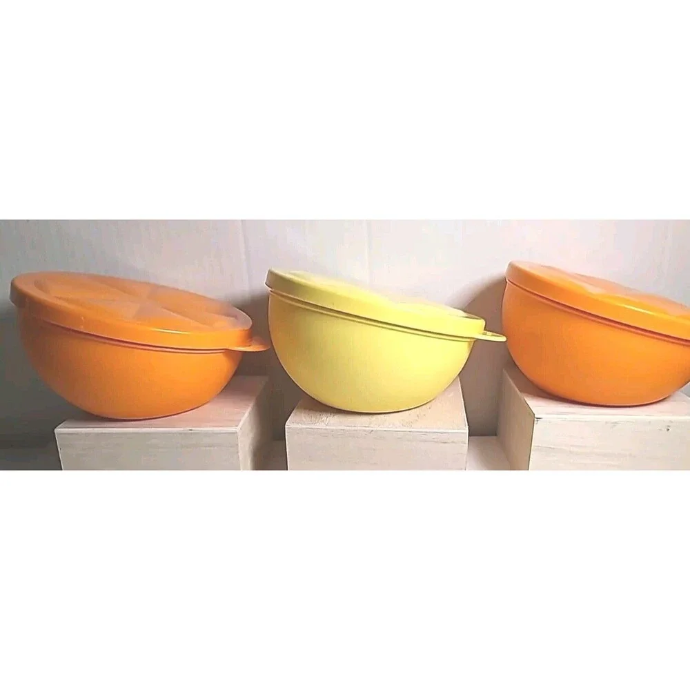 Lot Of 3 Tupperware Citrus Bowls Angled Yellow & Orange Containers With Lids